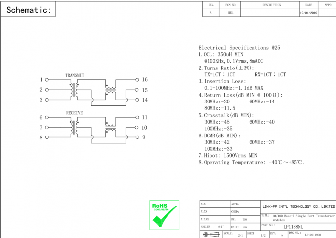 LFE8505 Ethernet Manyetikler LP1102NL 10/100 Base-T Ethernet SMT TRANSFORMATÖRLERİ