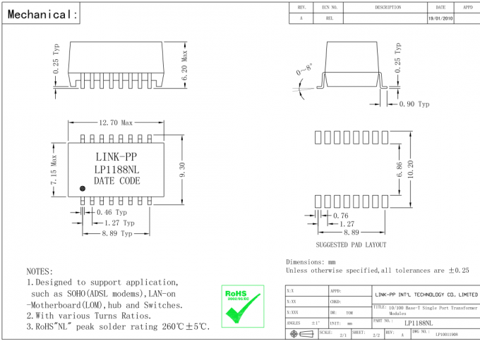 H1601CG Lan Magnetics LP1102NL 10 / 100Base-T Ethernet SMT Trafosu