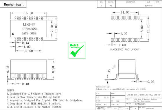 QT24A154P 2.5G Base-T PoE+ Lan Manyetik Modüller LP72485NL